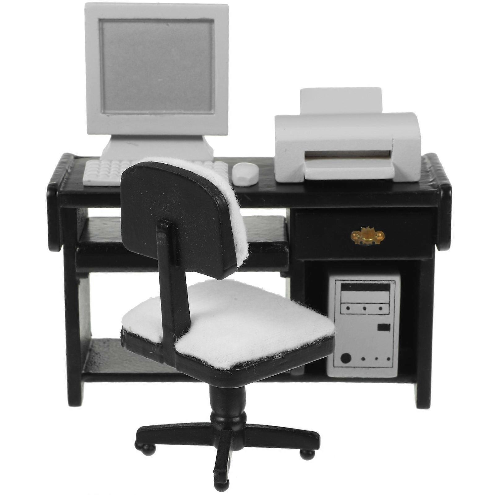 Mini Dollhouse Office Set with Keyboard, Mouse, Printer, Chair for Pretend Play and Decoration