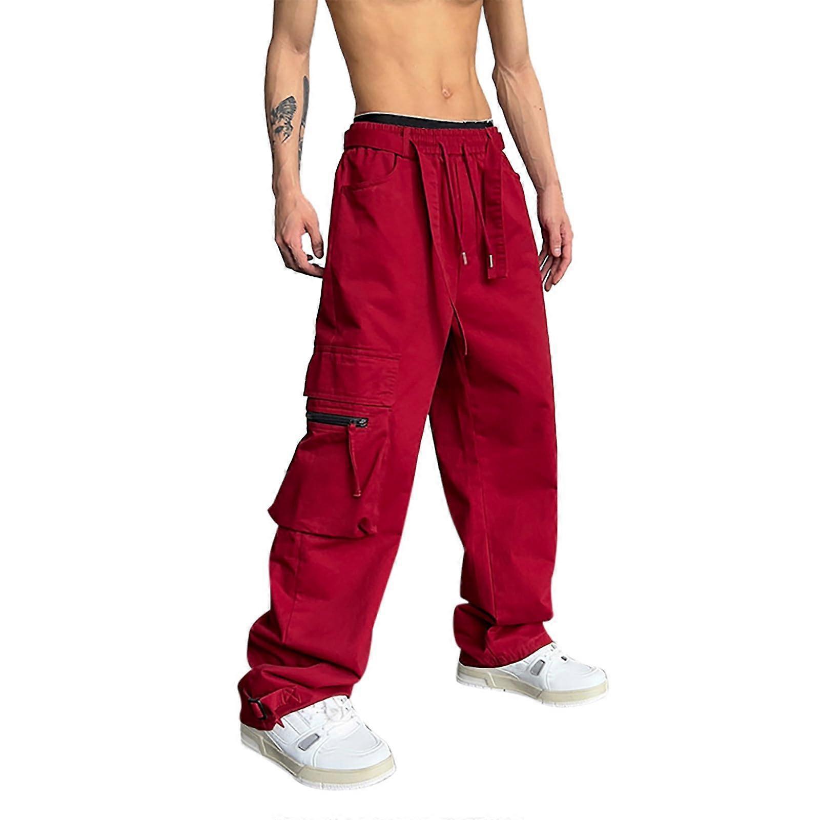 Men's Jogging Pants Solid Color Cargo Comfortable Autumn Work Pants Red XL