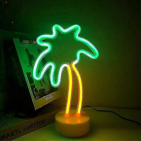 Palm Tree Neon Night Light with LED Base Stand Battery or USB Powered for Bedroom Christmas Party (Palm Tree Yellow + Green-Coconut)