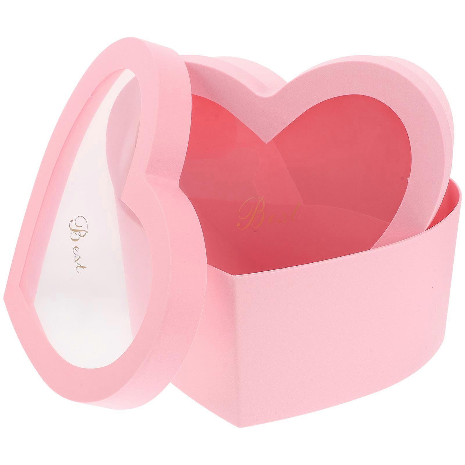 Pink Heart Shaped Flower Gift Box with Transparent Window for Storage Use Stable Base Plastic 2 Pieces
