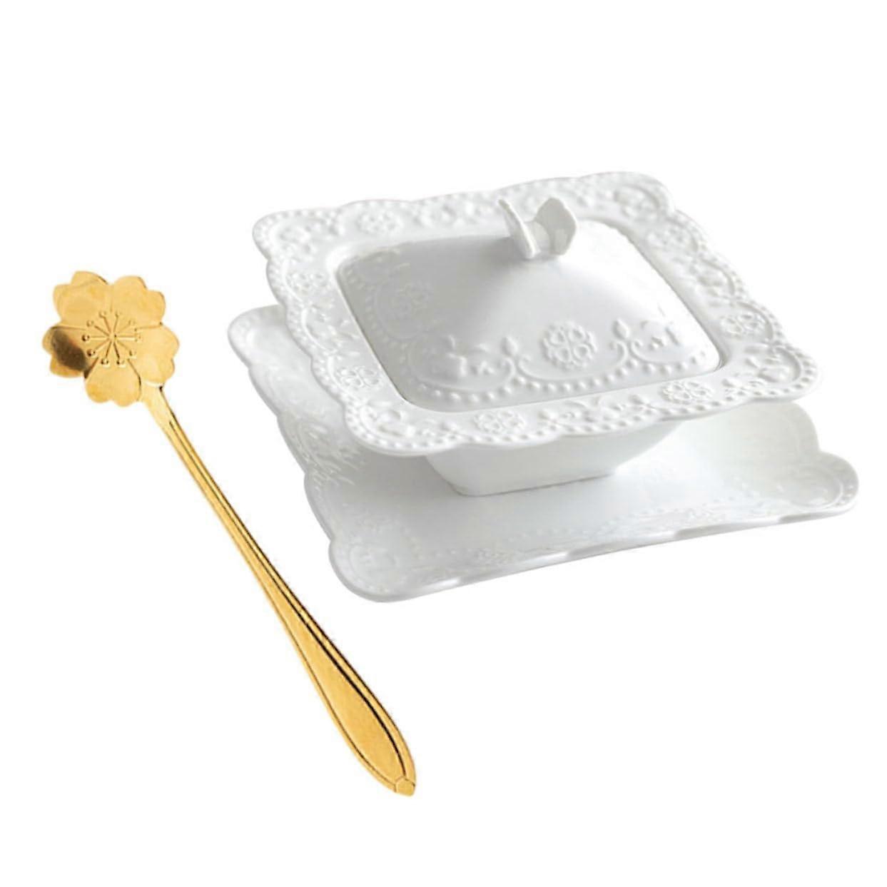 Ceramic soup pot with lid and spoon, elegant bowl with saucer for various dishes, suitable for home, parties, and restaurants.