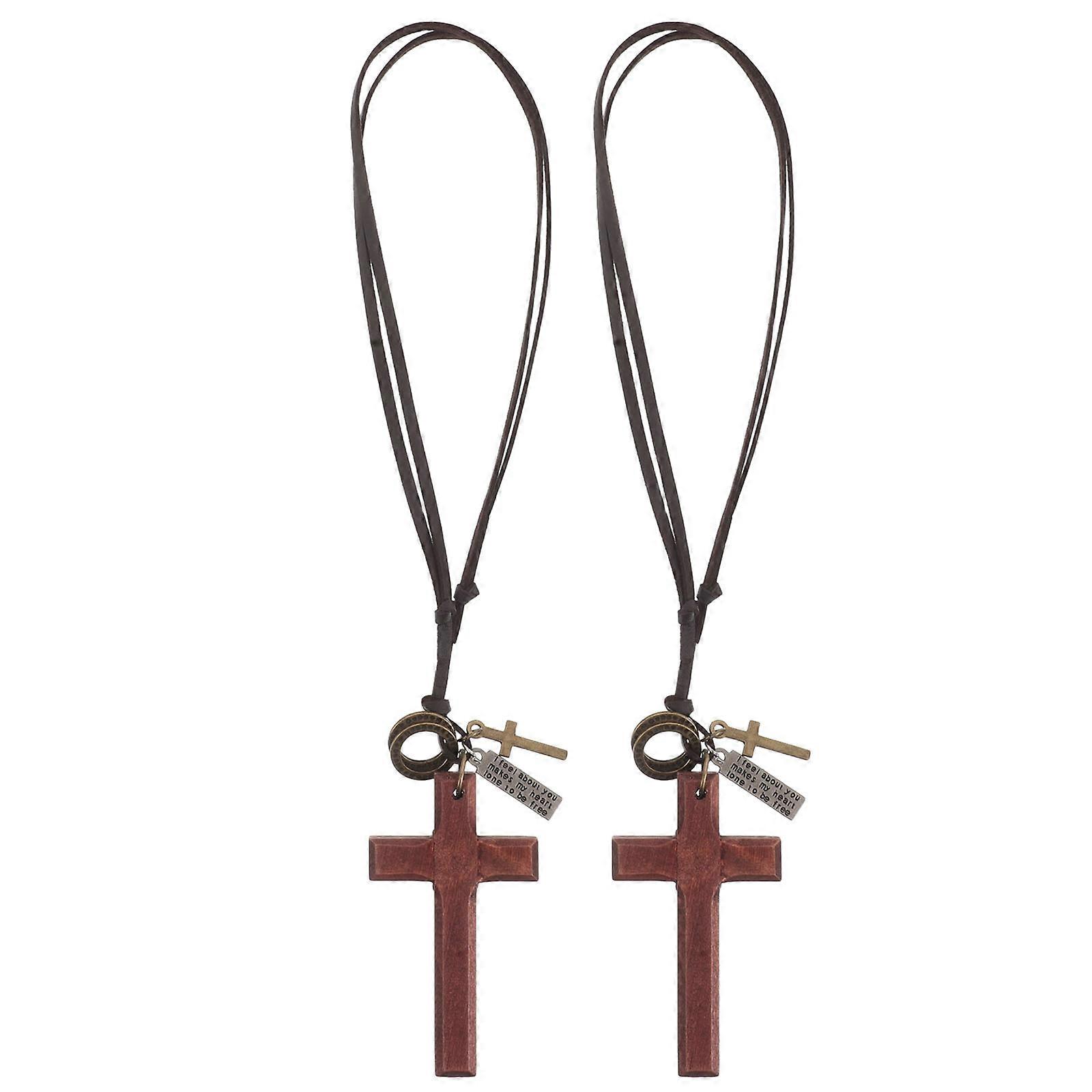 Cross Rearview Mirror Charm Car Mirror Decor Hanging Durable Material Wooden Alloy 2Pcs