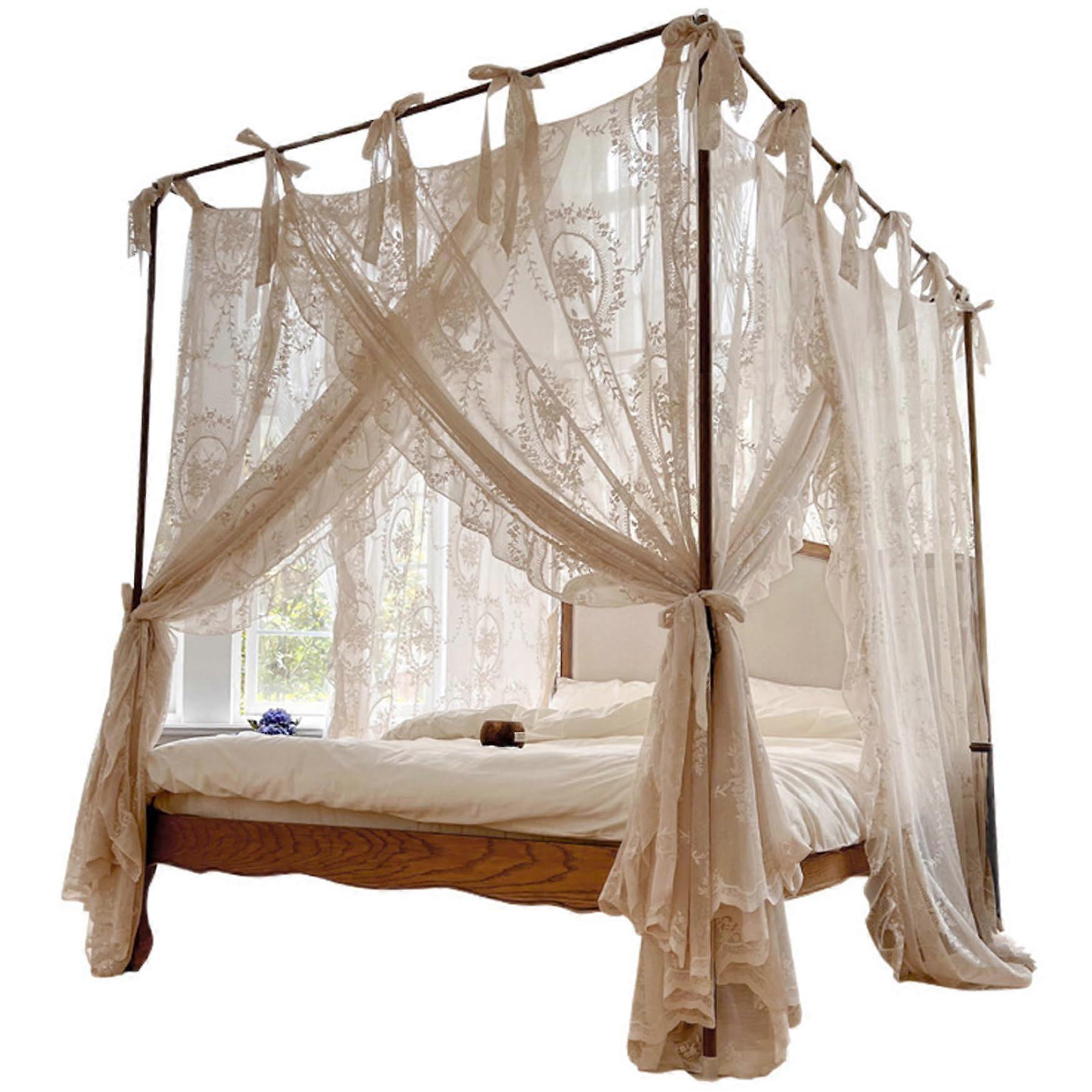 Bed Canopy Curtains With Romantic Lace Mosquito Net For 1.5m Wide Beds Beige - 4 Corner Posts, No Frame