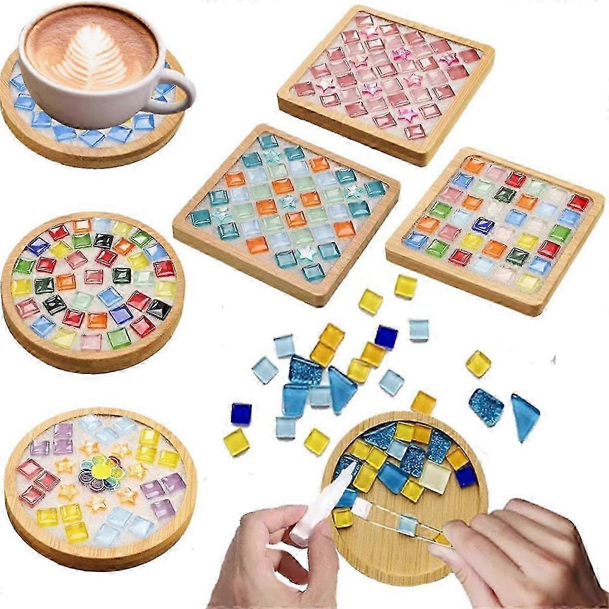 Mosaic Tile Kits for Craft Projects - Mixed Color Glass Mosaic Kits with Wooden Coasters for Adults DIY Handmade Projects