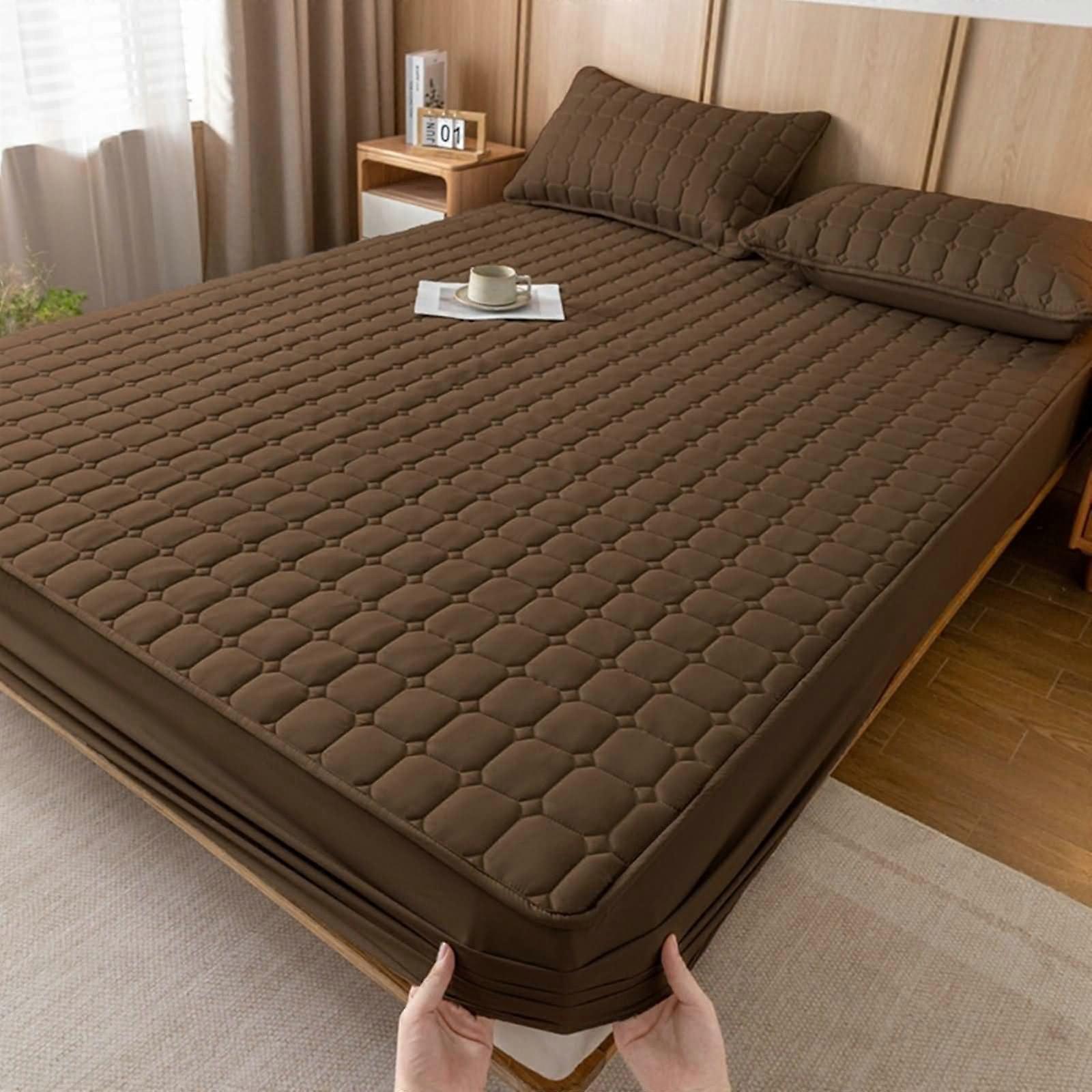 Bed Sheet 180 X 220 CM, Polyester Cotton Fitted Sheet, Brown, Checked Pattern, Topper, Underbed Mattress Protection