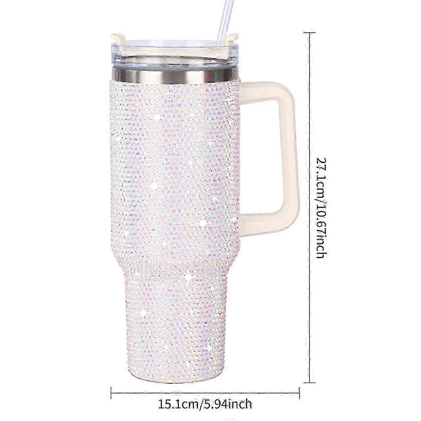 1 peça de copo de 40 oz com strass brilhante e alça, caneca de café de viagem com isolamento de aço inoxidável, parede dupla, resistente a vazamentos, copo a vácuo com alça