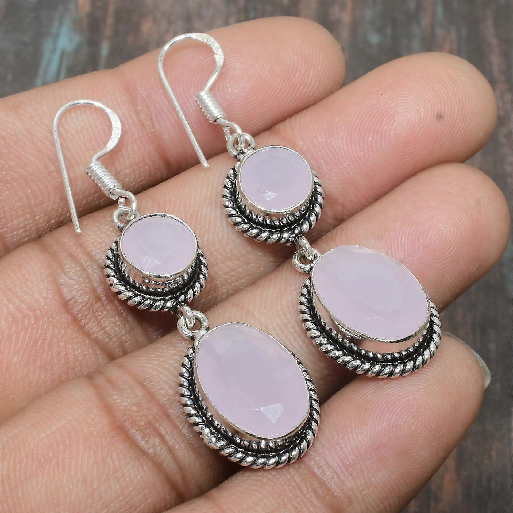 Pink Chalcedony Gemstone Solid 925 Sterling Silver Handmade Charming Jewelry Earring