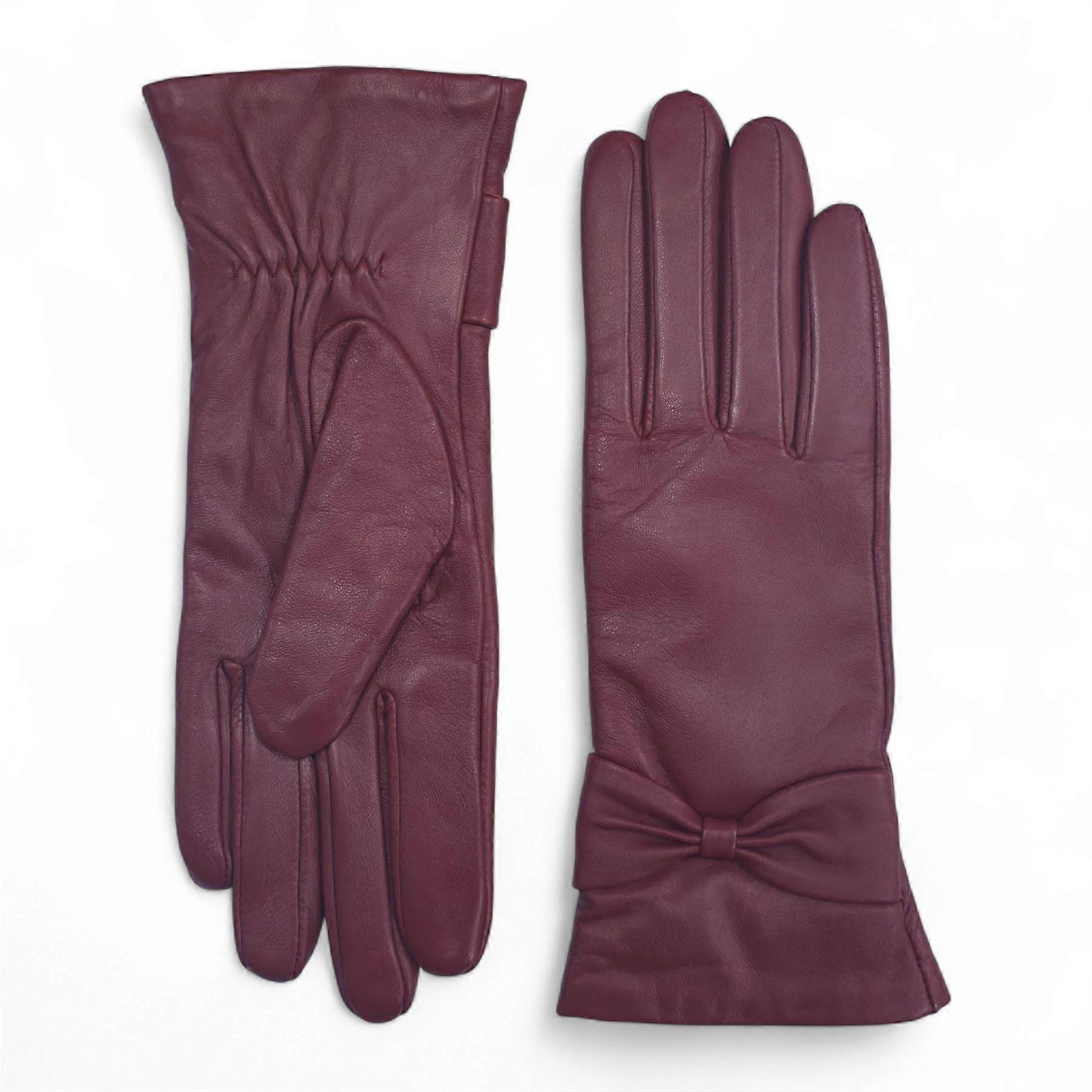 Ladies Womens Burgundy Red Italian Leather Soft Wool Lining Winter Bow Design Driving Gloves