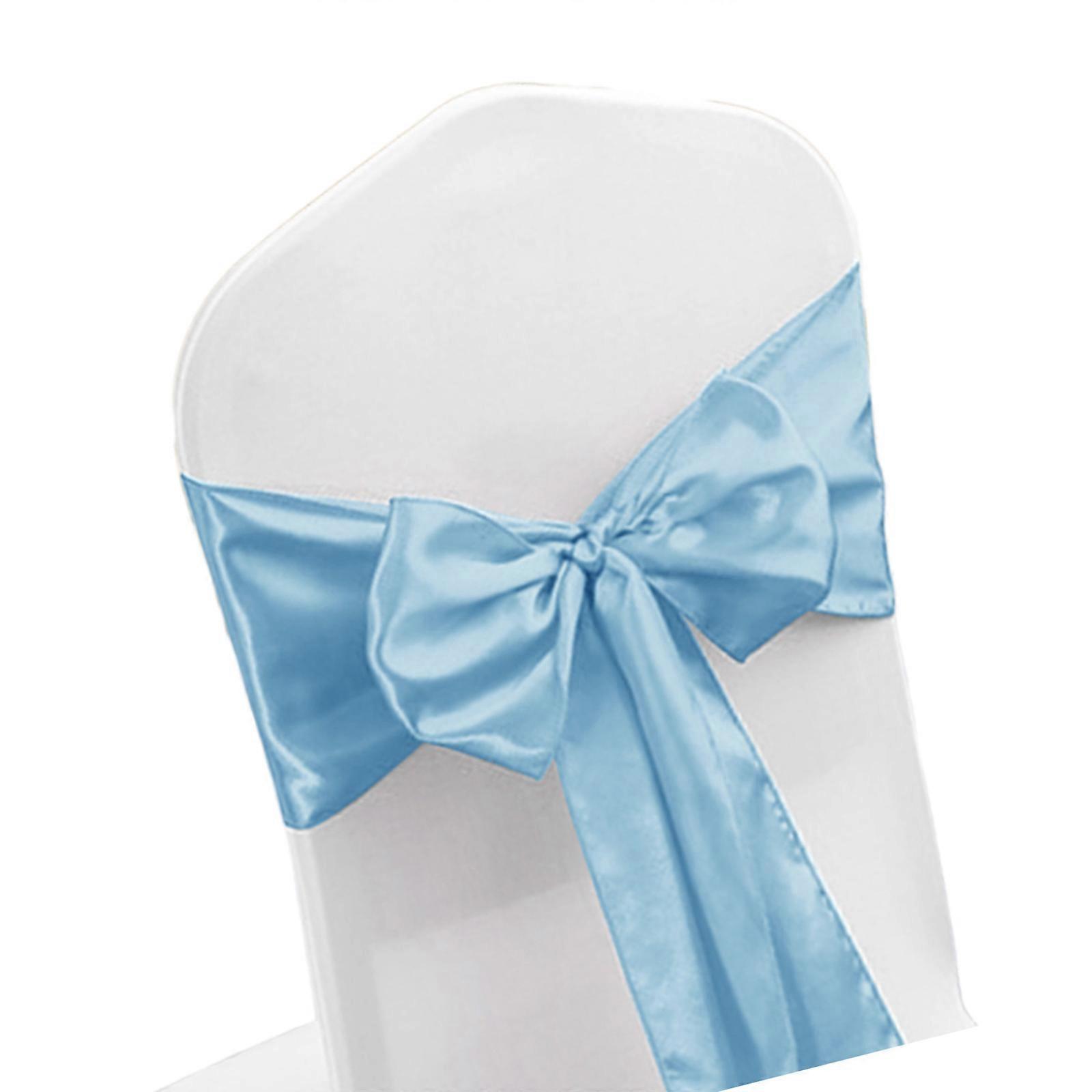 Förhöjer bröllopsatmosfären · Stolsbåge · Rosett i kvalitetspolyester · Stolsrosett · Perfekt för fest · Stolsöverdrag himmelsblått
