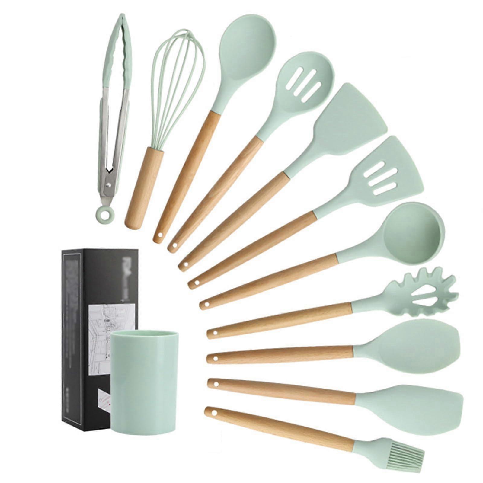 Silicone Kitchen Utensils Set of 11 with Wooden Handles, Heat Resistant and Nonstick Cookware Safe