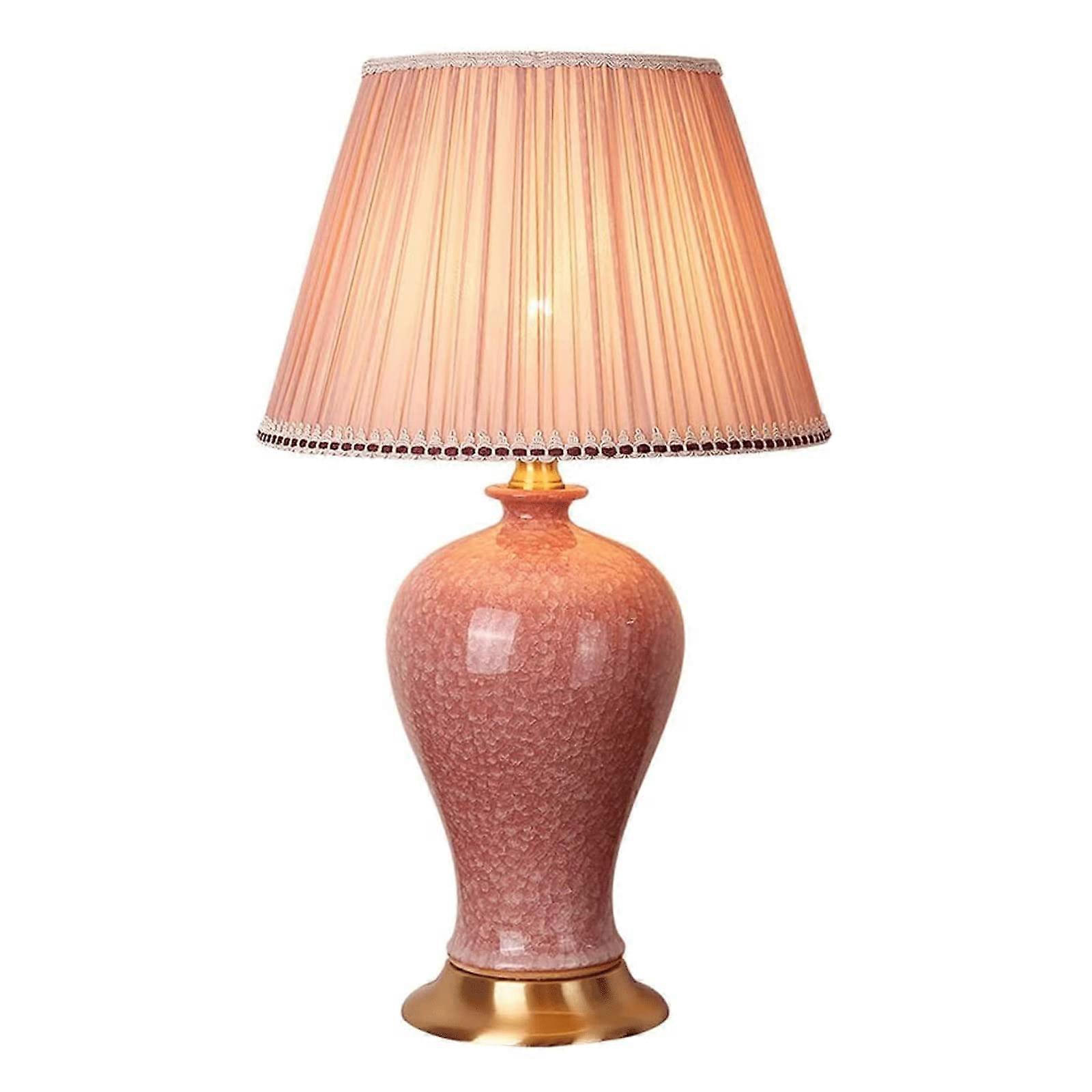 Elegant Bedside and Desk Lamp with Brass Base, Ceramic Body, Fabric Shade, EyeFriendly Light