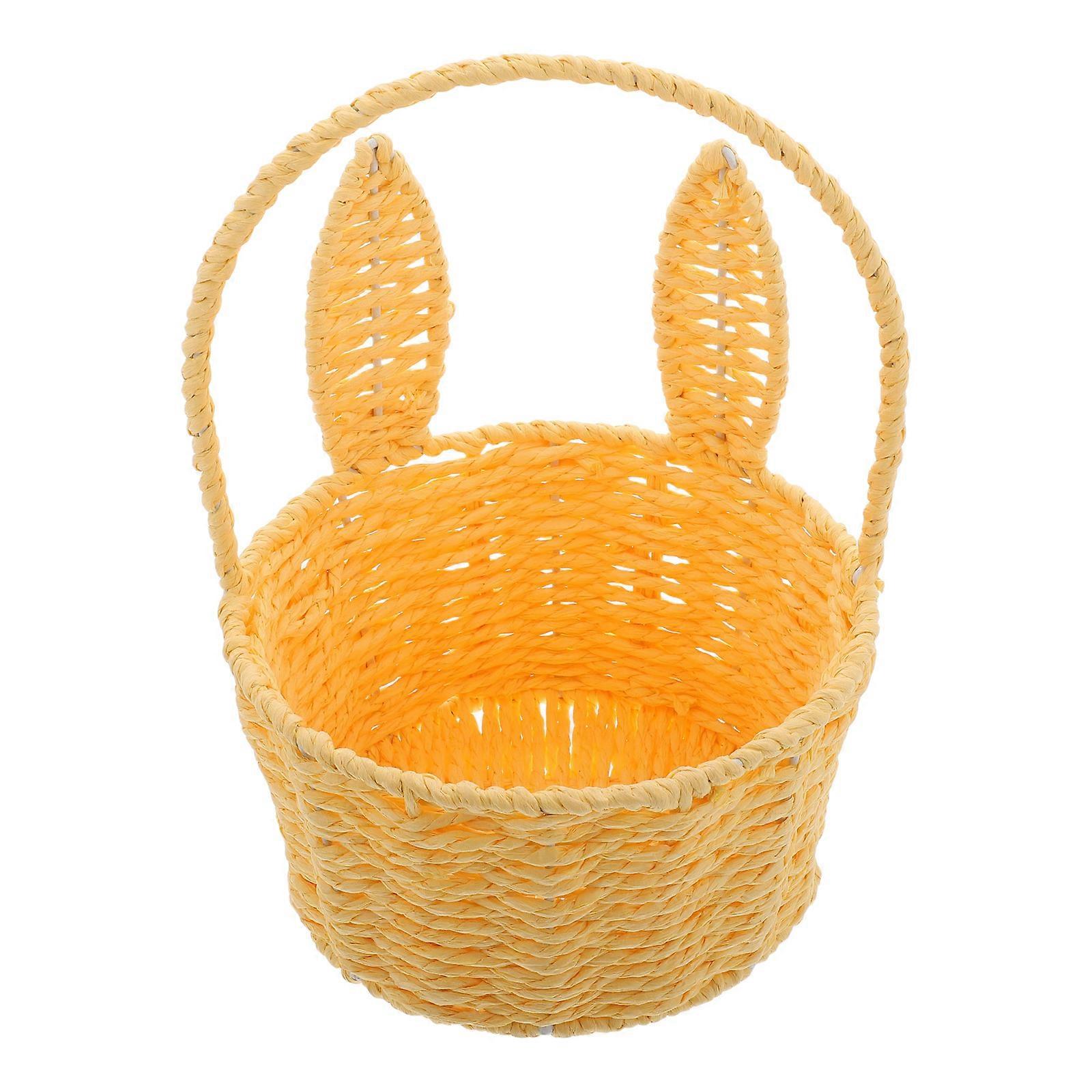 Wicker Easter Basket Cute Bunny Ears Picnic Hamper For Spring Party Yellow 1Set