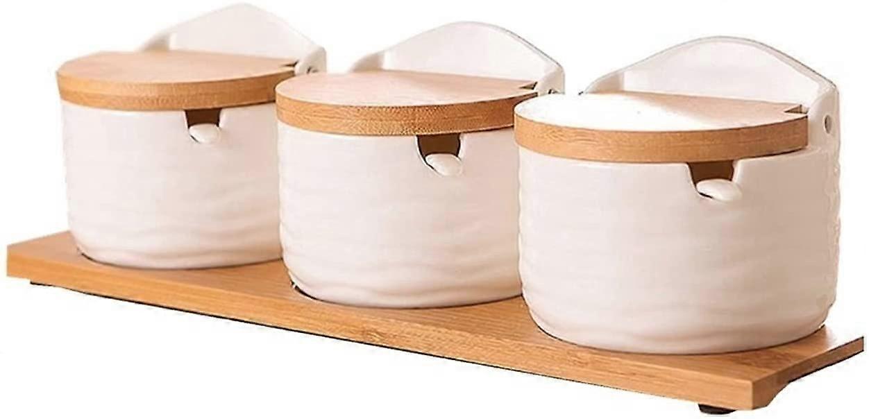 Ceramic Spice Jar Set with Spoons, Durable Temp Porcelain Kitchen Salt and Sugar Containers