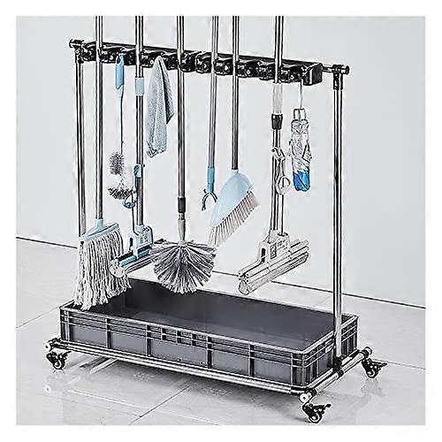 Mop and Broom Holder Utility Tool Storage Cart with 360° Swivel Wheels and Detachable Drip Tray