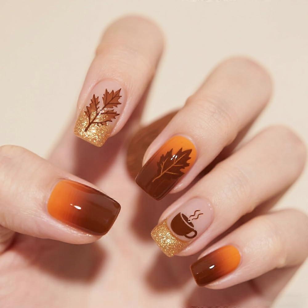 Fall Glitter Maple Leaf Press on Nails Brown Gradient French Tips Reusable Acrylic Set 24Pcs