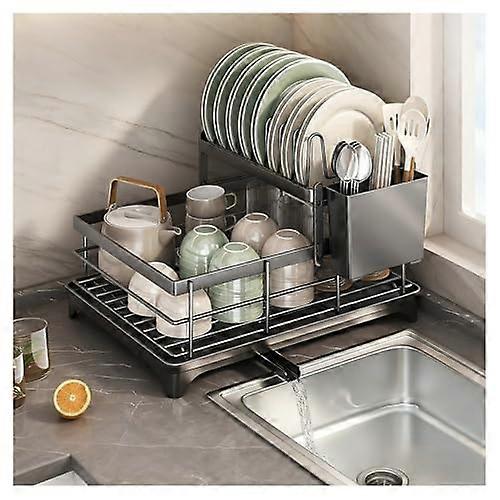 2 Tier Dish Drying Rack with Drainboard, SpaceSaving Carbon Steel for Small Kitchen Black White