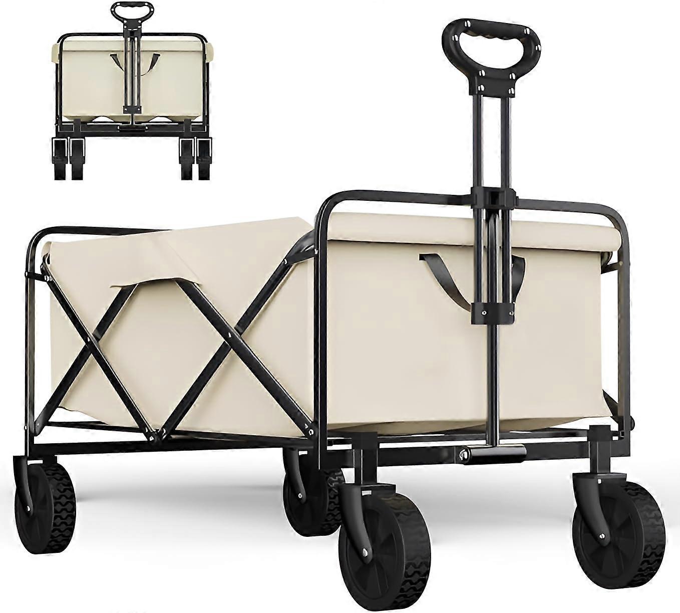Folding Utility Wagon Large Capacity 100kg Load with Adjustable Handle and Storage Pockets for Beach Garden Camping