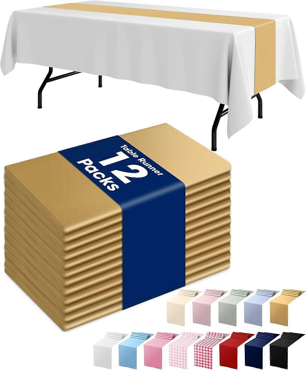 Gold Plastic Table Runners - 12 Pack, 14'' x 108'', Water Resistant & Disposable