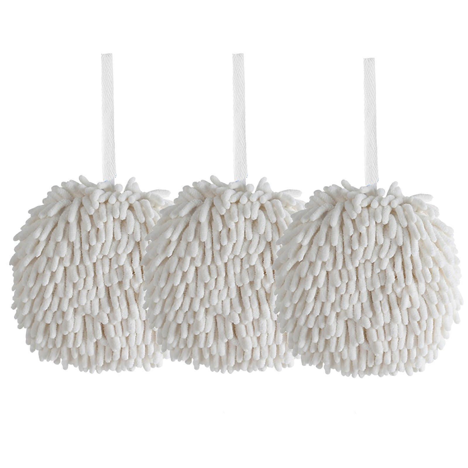 Chenille Hand Towel Ball 3 Pack, Fluffy Quick Dry Microfiber, Absorbent Hanging Bathroom Kitchen