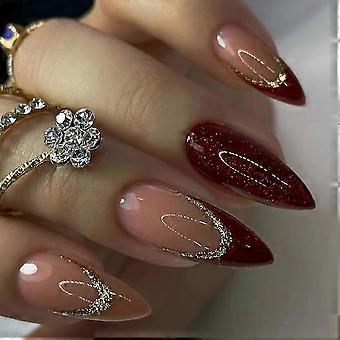 French Tip Press on Nails Almond Wine Red Gold Glitter Reusable Glossy Fake Nails Set 24pcs