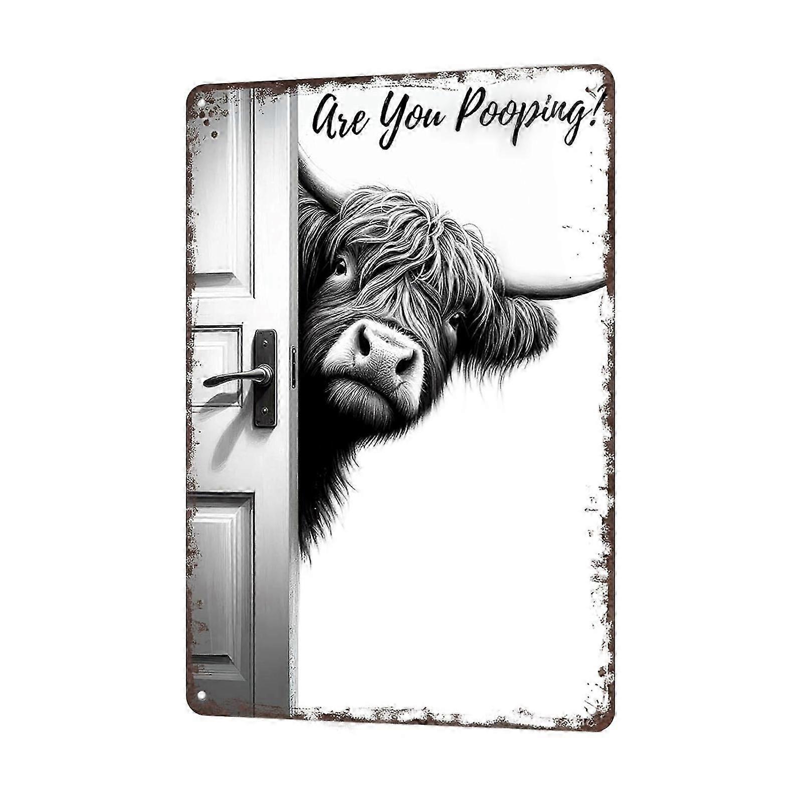 Panneau vintage en aluminium HighlandCow : Décoration murale humoristique noire et blanche pour salle de bain, idéale pour les amoureux du Far West et des vaches HighlandCow. « Tu fais caca ? »