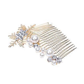 1PC Hair Side Comb Simulated Pearl Winter Snowflake Alloy Hair Comb for Women Lady (Golden)