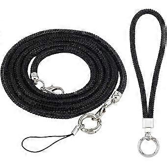 2Pcs 2 Styles Black Phone Lanyard with Alloy Clasp Rhinestone Plastic Crossbody Name Tag hand Holder Chain Straps Accessories for Phone Case ID Cards
