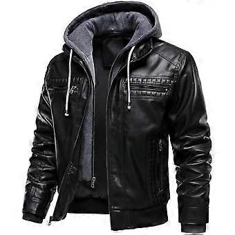 HOOD CREW Herren Kunstlederjacke mit Kapuze Lässige Motorrad Bomberjacke Winddichte Lederjacke sl