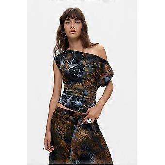 Desigual Arty Short flocked knit asymmetrical top with marbled print 26WWTK27