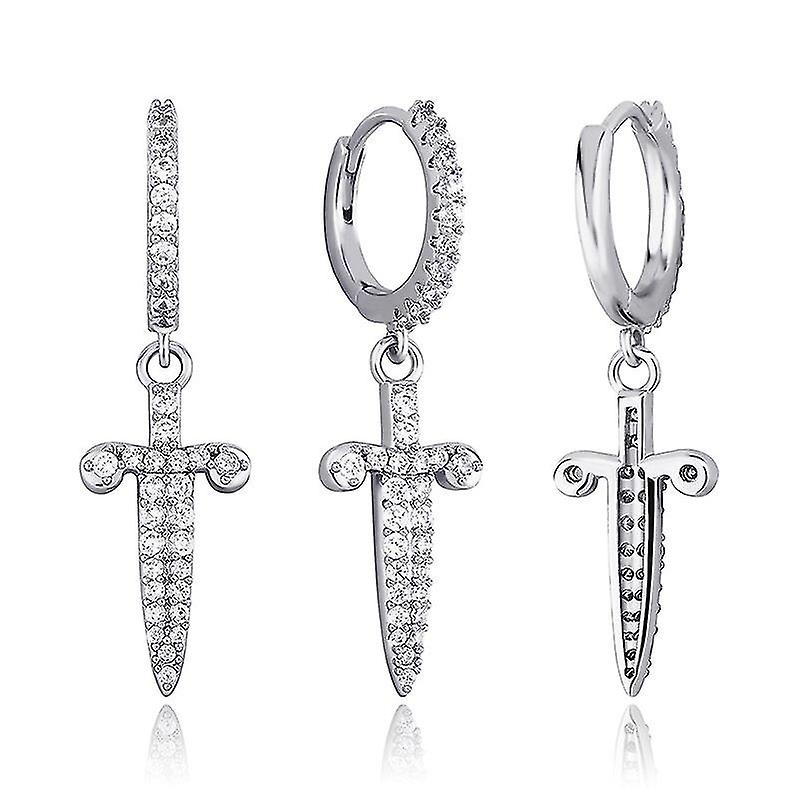 ヒップホップアイスアウトソードダガードロップイヤリング男性女性フルアイスキュービックジルコニア高品質ファッションパーティージュエリー