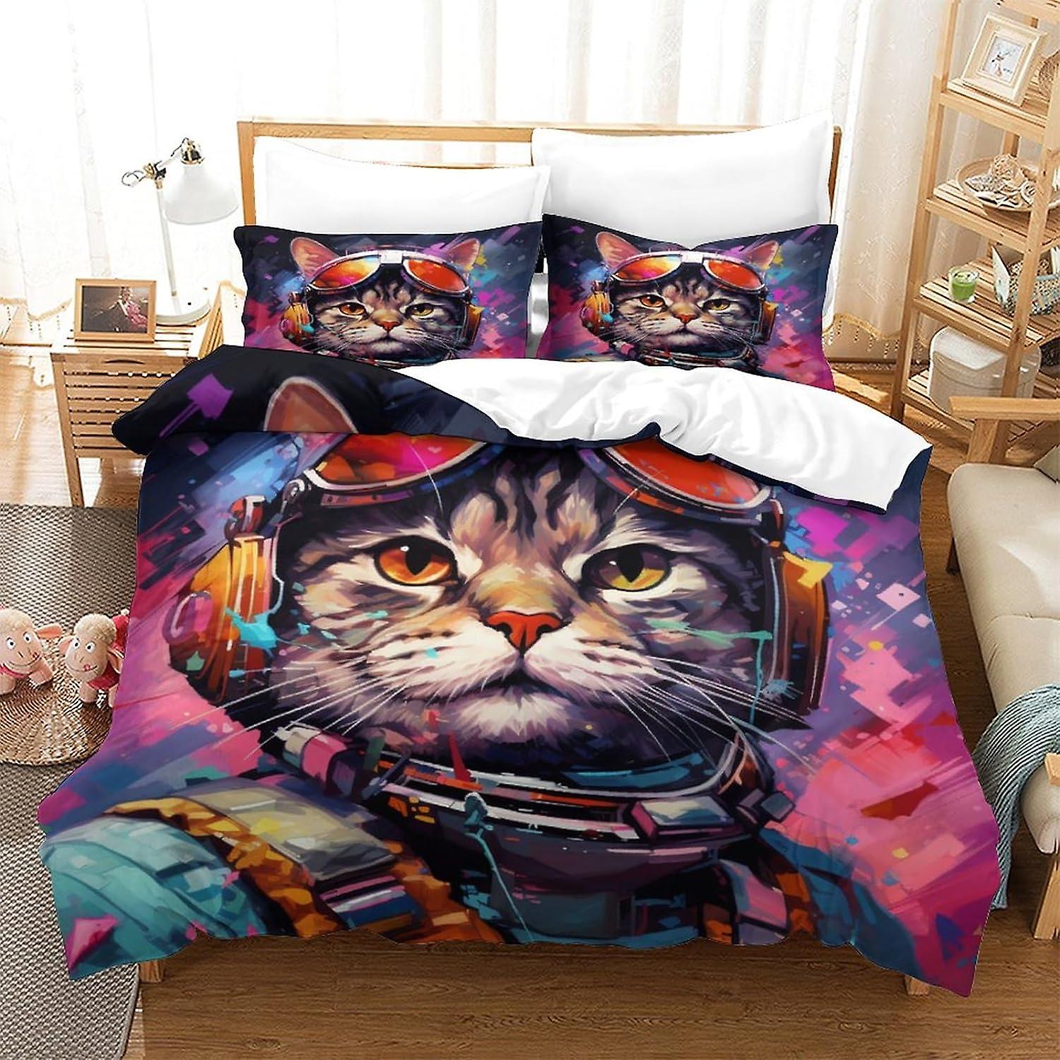 مجموعات غطاء لحاف القط الفضائي أنيمي فراش الأطفال خفيف الوزن لينة وتنفس الطباعة ثلاثية الأبعاد غطاء لحاف خفيف الوزن مع غطاء وسادة للأطفال المراهقين Adul