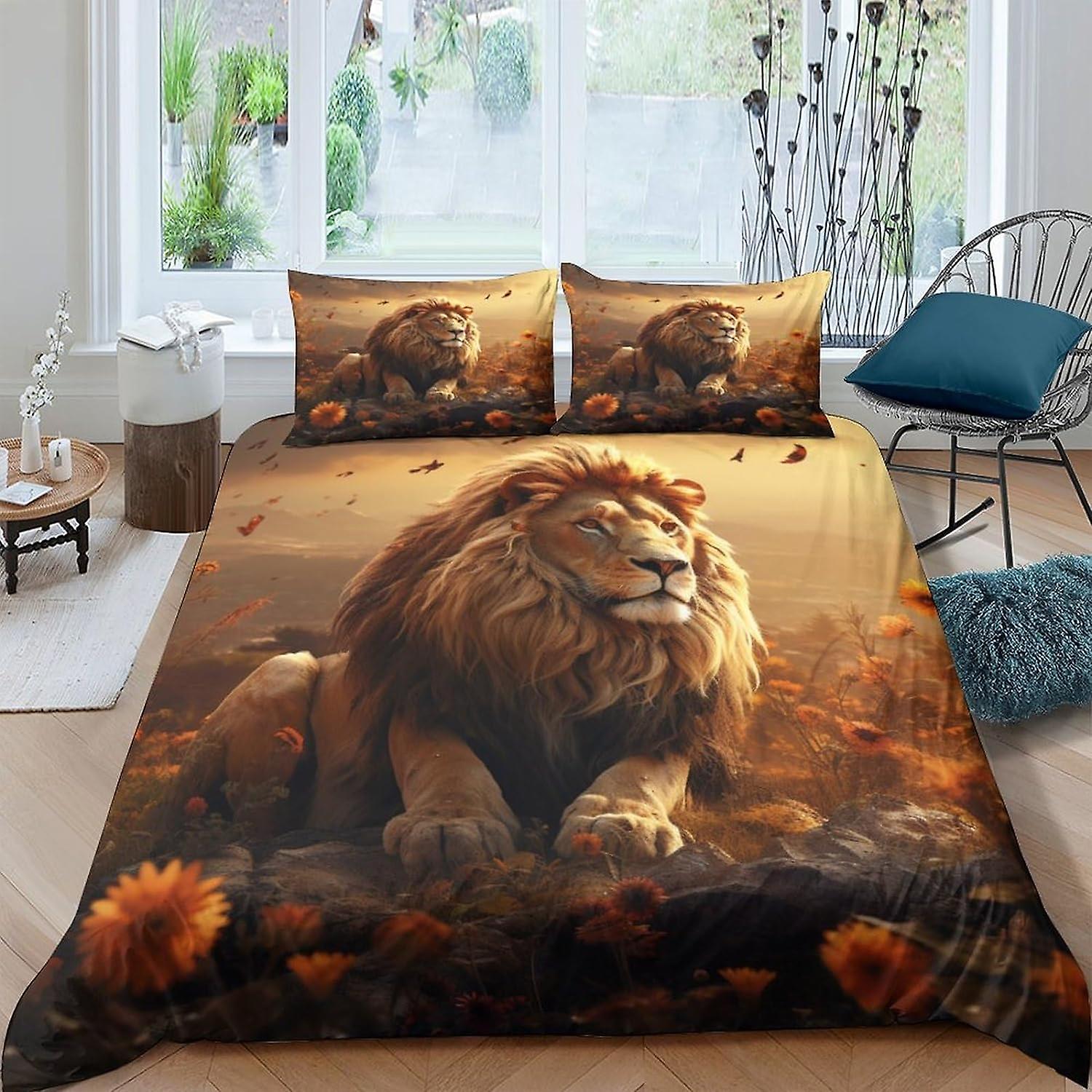 Lion påslakan 3-delat set 3D mjukt sängtäcke påslakan med dragkedja, mikrofiber sängkläder dubbel