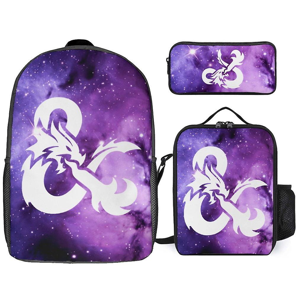 DND מבוכים ודרקונים תרמיל עם תיק אוכל תיק עיפרון הדפסת תלת מימד סט תרמילים מצוירים תרמילי יום מזדמנים תיק תרמיל 3 חלקים בקיבולת גדולה