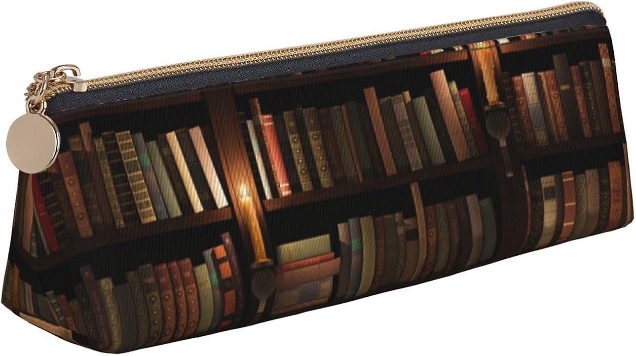 חדר ספר ספריה מארז עיפרון עור מודפס - נרתיק עט עם רוכסן לבית הספר, לעבודה ולמשרד, ספריית חדר ספרים, מידה אחת, משולש80796