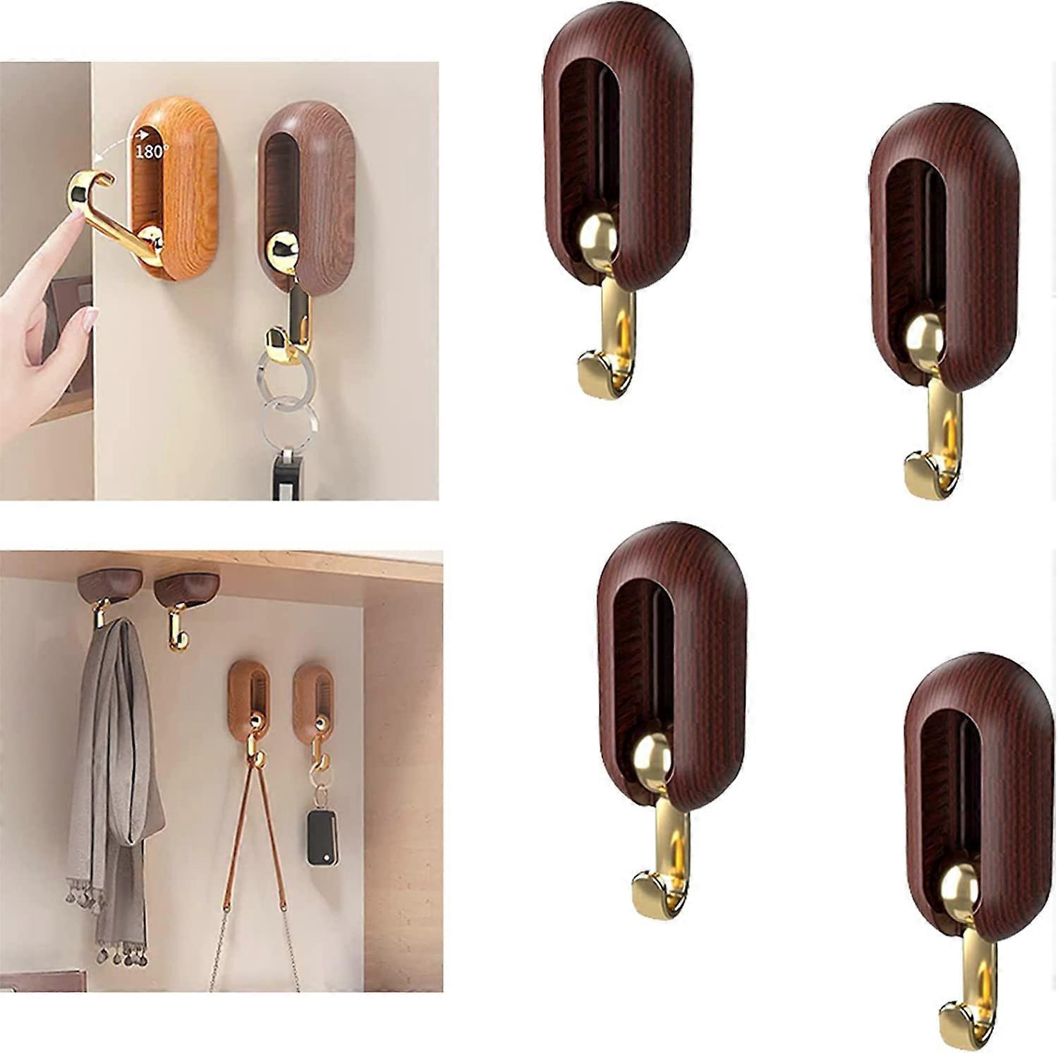 4Pcs Swivel Wall Hooks, 2023 New Towel Hooks for Bathroom, Heavy Duty Self-Adhesive Hooks for Hanging Heavy Object (Brown)