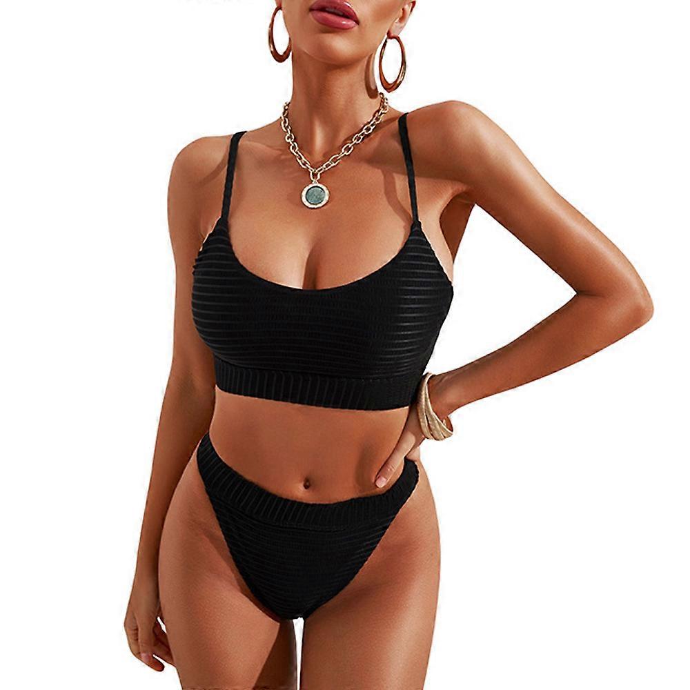 Dámské bikiny Set Solid Color Sexy Triangle Two Piece plavky - černá