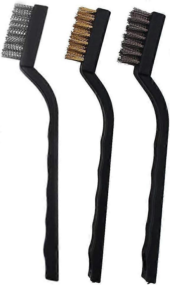Set of 3 Brass and Nylon Bristles Wire Brushes with Curved Handle for Welding Slag and Rust Cleaning, 7"