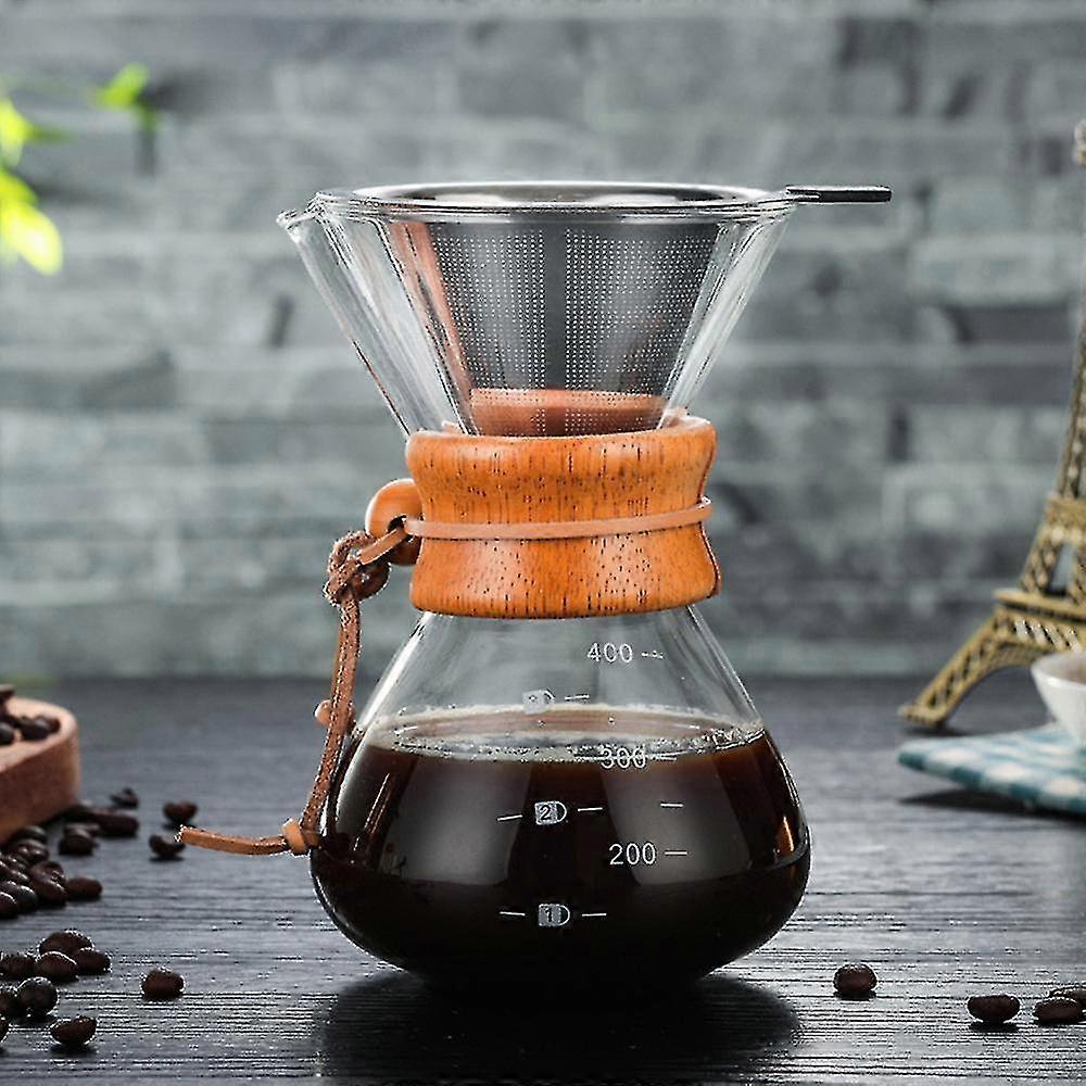 Home Pour Over Coffee Brewer -hand-drip Coffee Maker Pot With Heavy-duty Glass Carafe And Lid, Paperless Stainless Steel Reusable Filter And Tea Infus