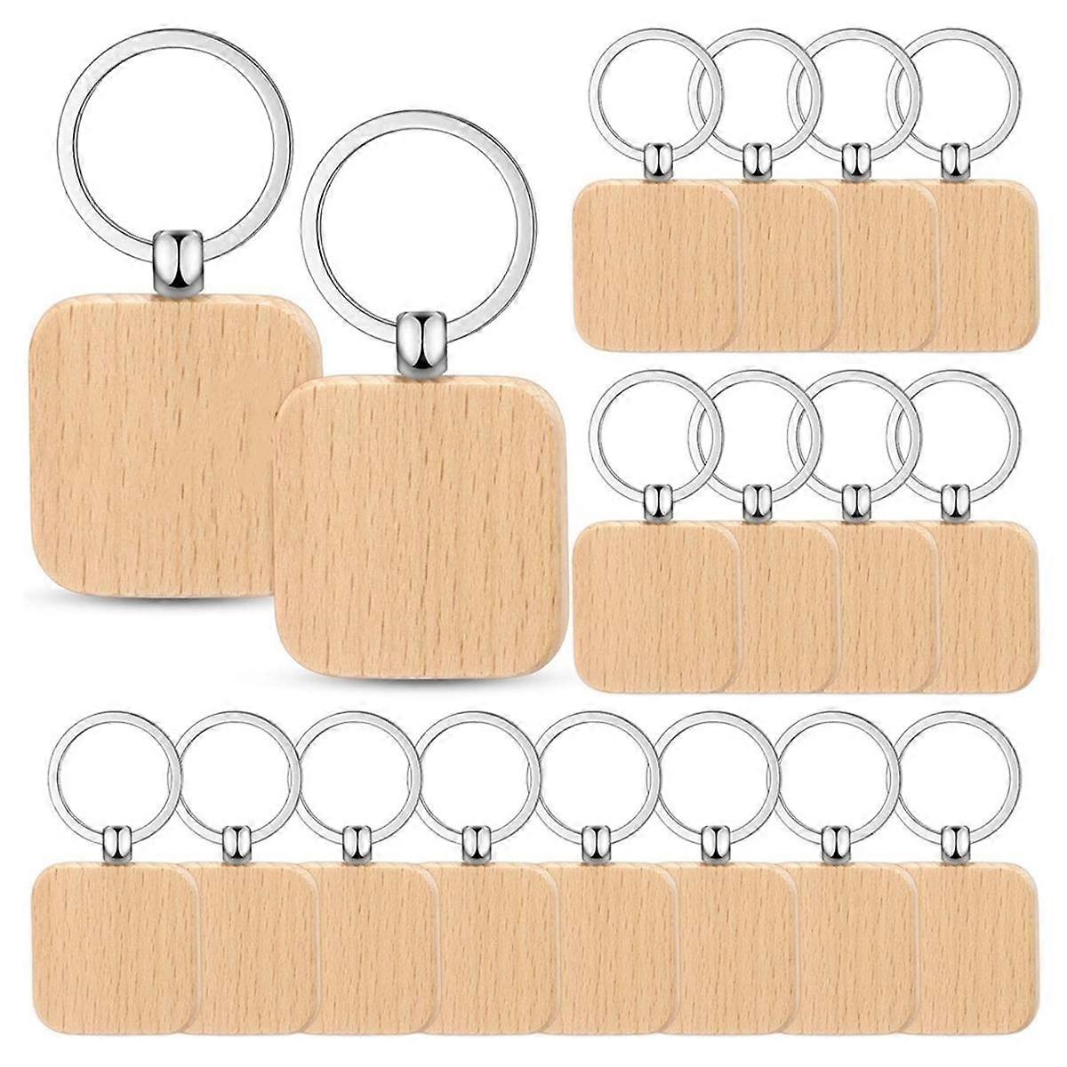 100PCS Wooden Keychain Blanks Wood Key Chain Bulk Unfinished Wooden Engraving Key Tag Ring for DIY