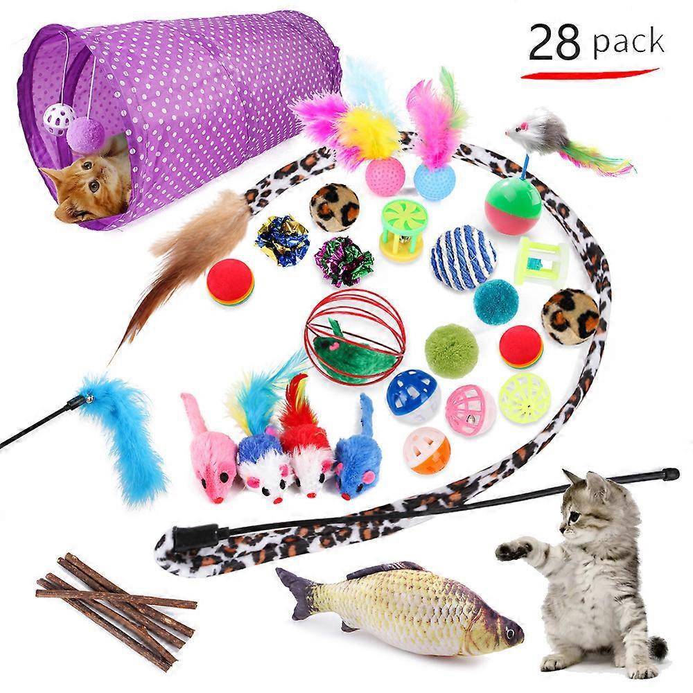 28 Pcs Set Of Pet Cat Toys Feather Mouse Teasing Cat Channel Sisal Ball Teething Toys