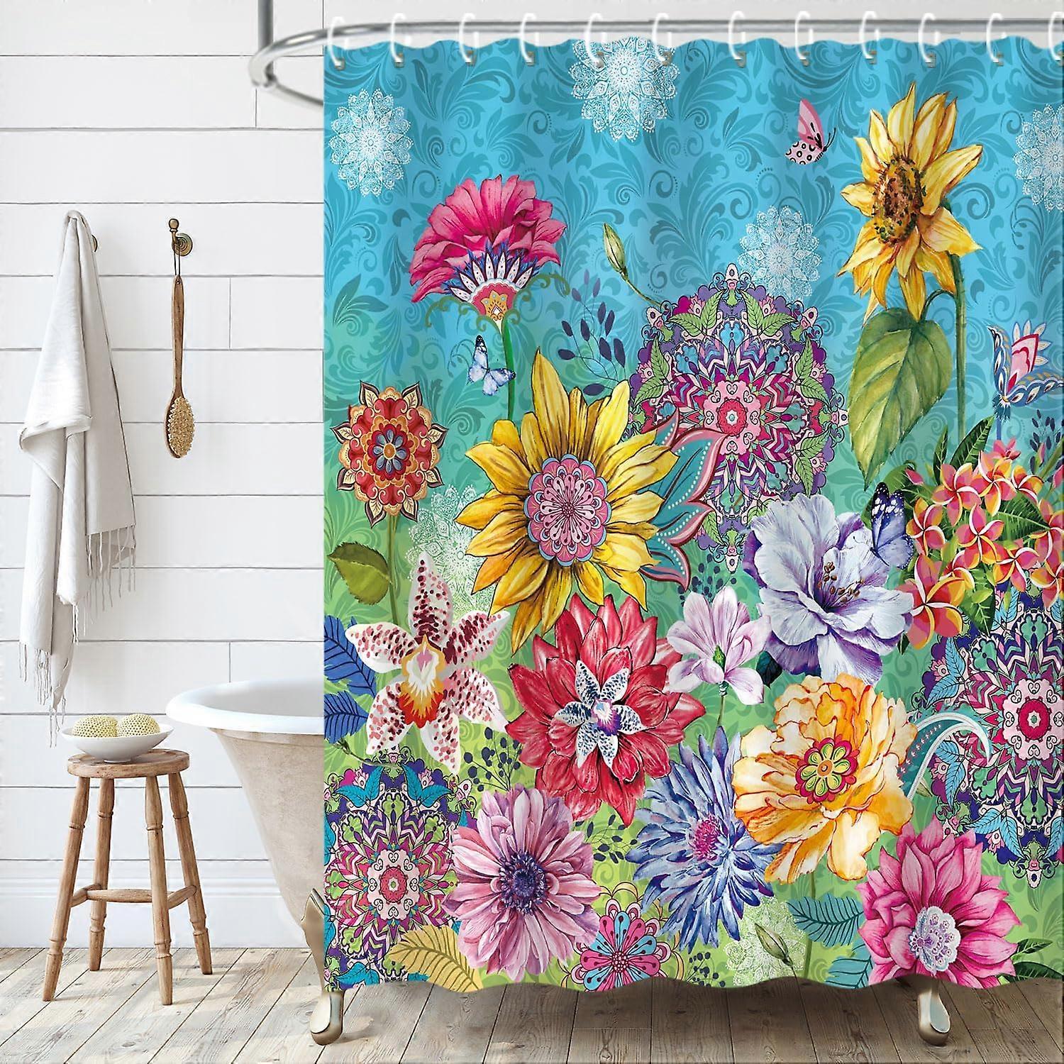 Boho Floral Shower Curtain, Colorful Shower Curtain Bohemian Shower Curtains for Bathroom Art Painting Bright Sunflower Shower Curtain, 72" W x 72" H