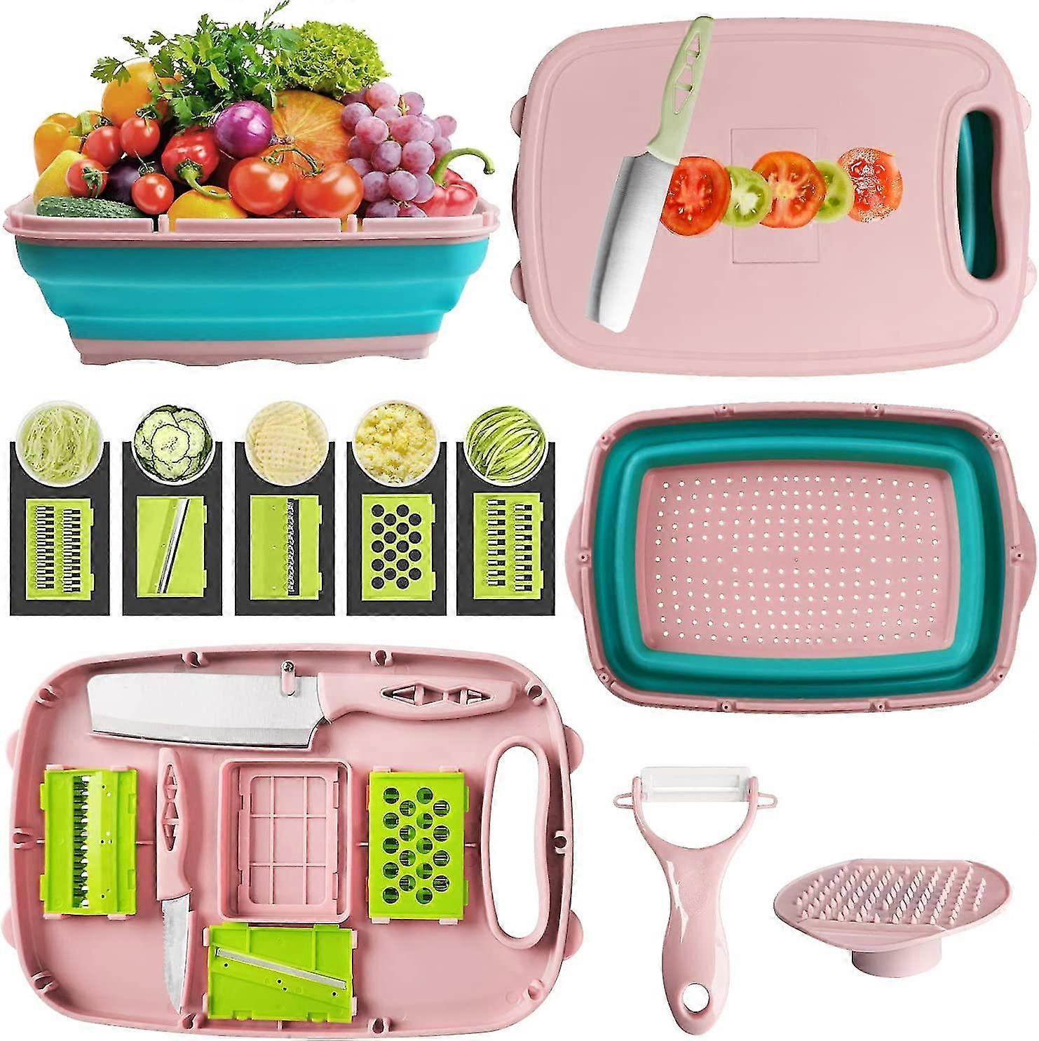 Multifunctional Chopping Board Foldable Set With Pink Vegetable Cutter