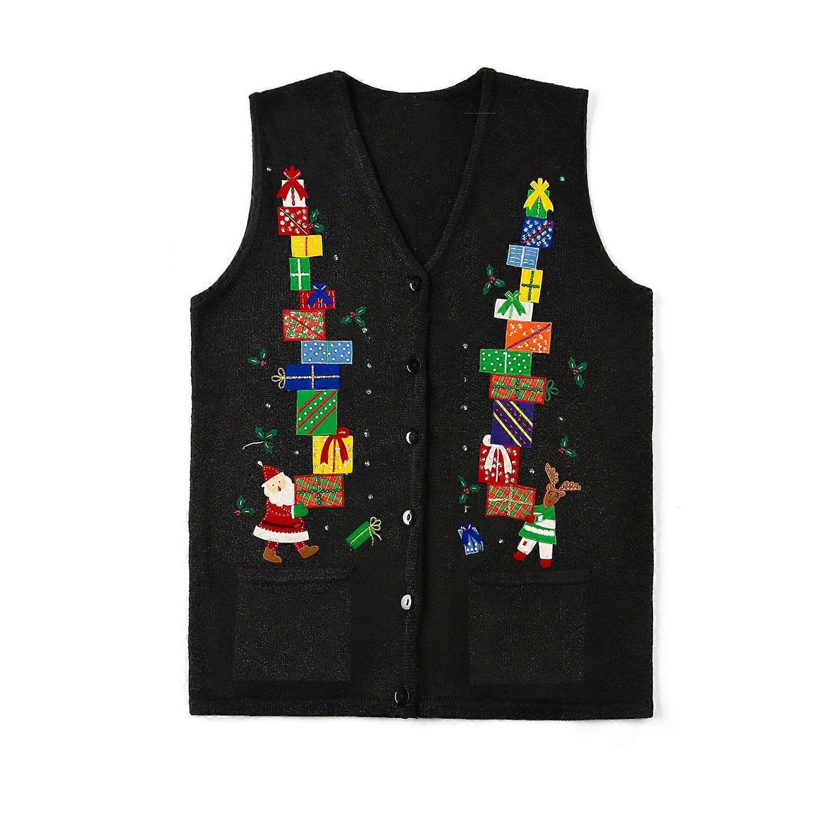Women s Autumn Winter Sweater Vest V Neck Christmas Pattern Print Button Up Knit Tank Tops