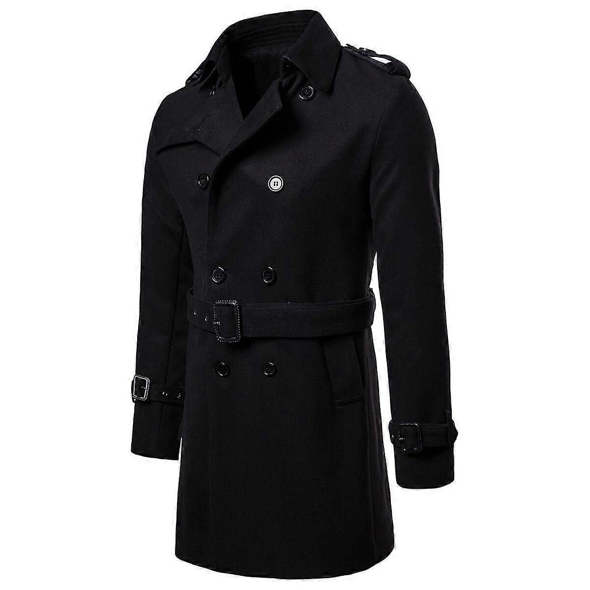 Mens Wool Coat Mid-long Belted Lapel Solid Overcoat