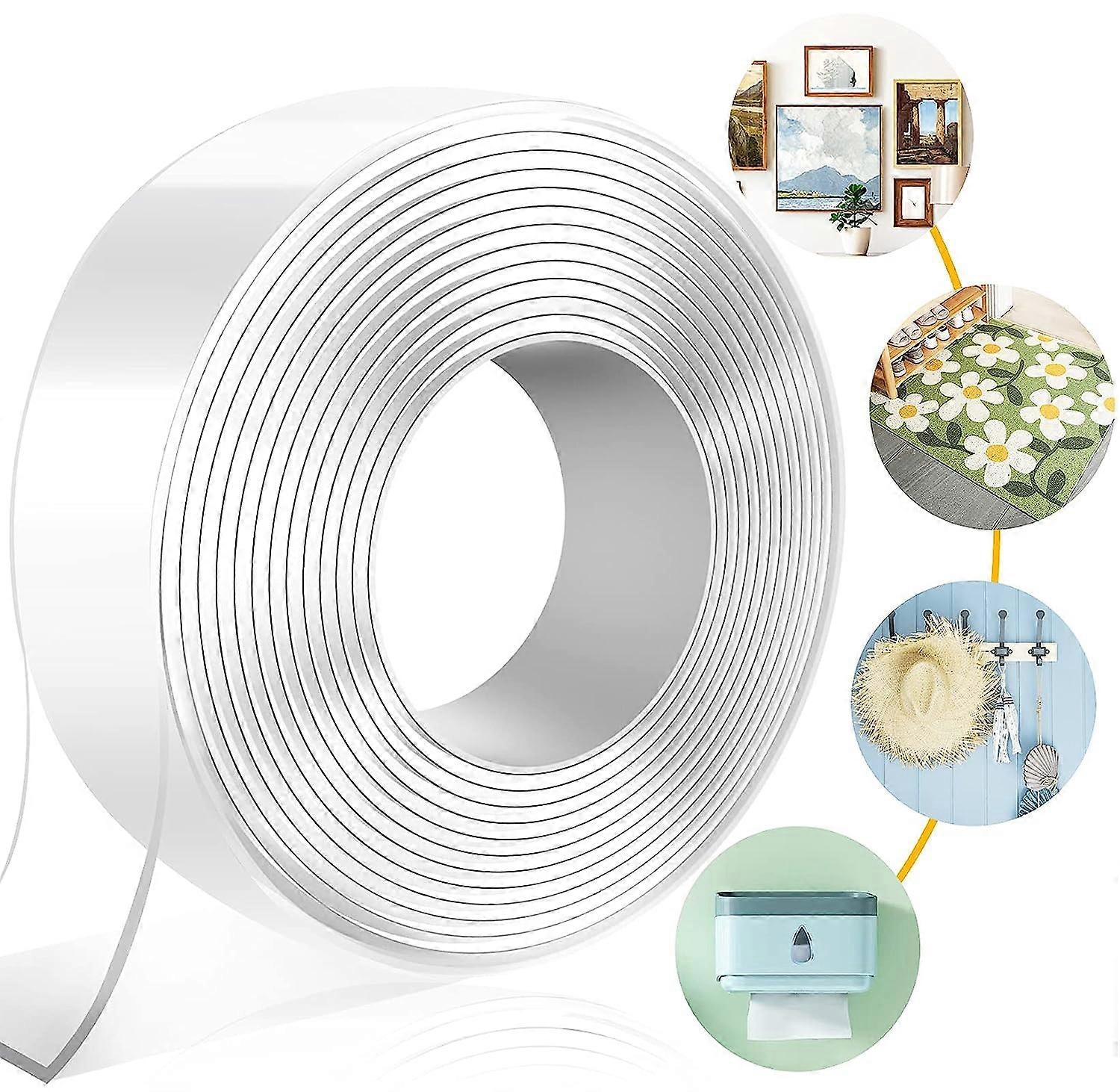 Self Adhesive Tape, Double Sided Tape Heavy Duty Two Sided Sticky Pads Strong Wall Adhesive Strips No Marks Reusable Clear Nano Tape for Picture Hangi