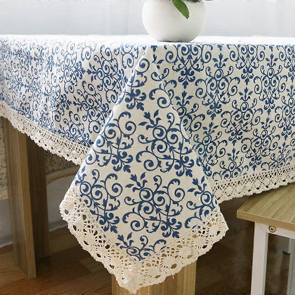 Tablecloth, linen, cotton, rectangular, for indoor and outdoor table, porcelain pattern, blue and white, 140 x 220 cm