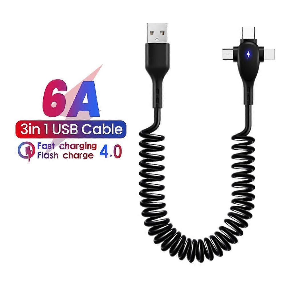 6A 3in1 1.8M Spring Cable For Huawei Xiaomi Sansung Micro 8 Pin Type-C Fast Charger For iPhone Retractable USB Data Cable Cord