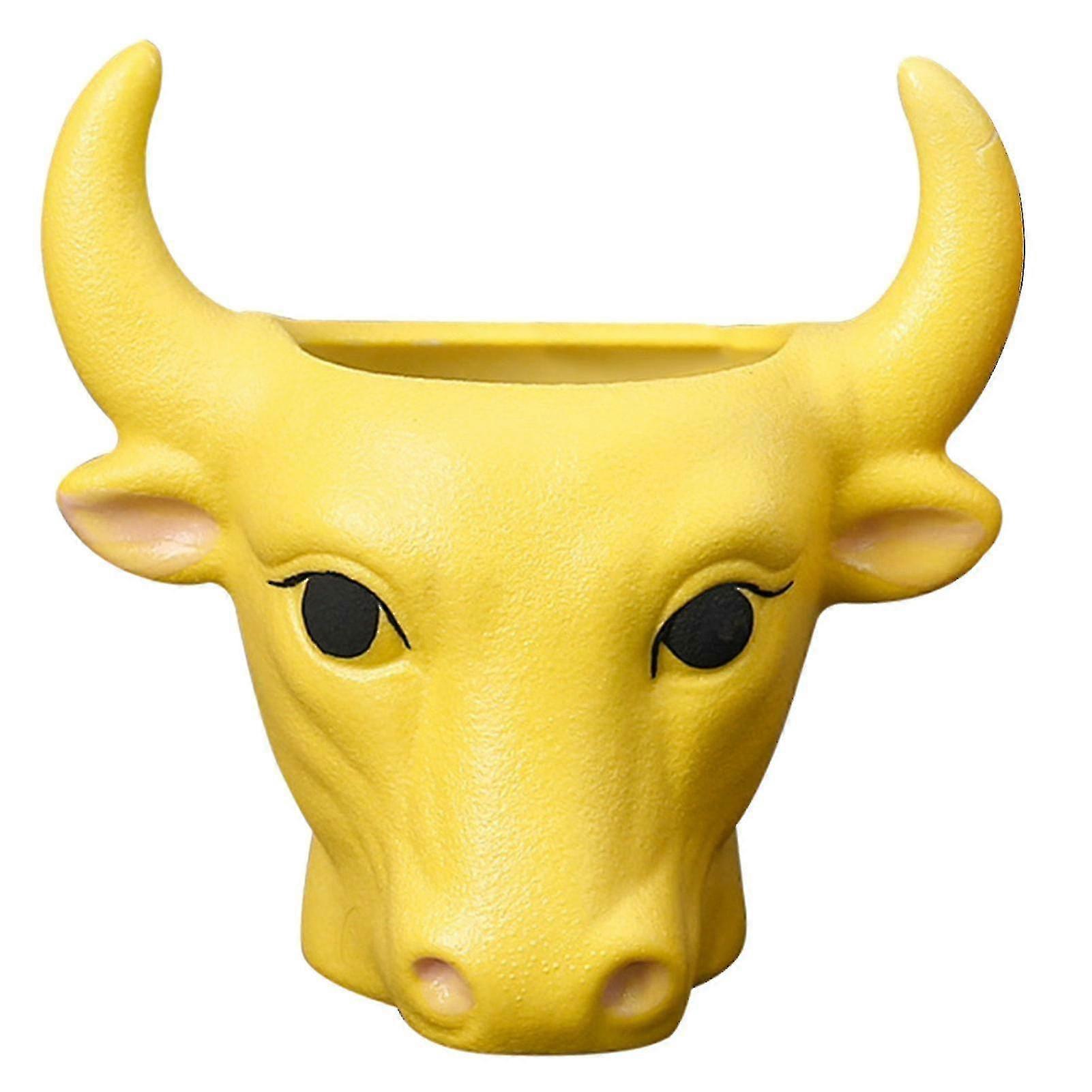Portable Flower Pot Drain Hole Ceramic Bull Head Shape Plant Planter For Home