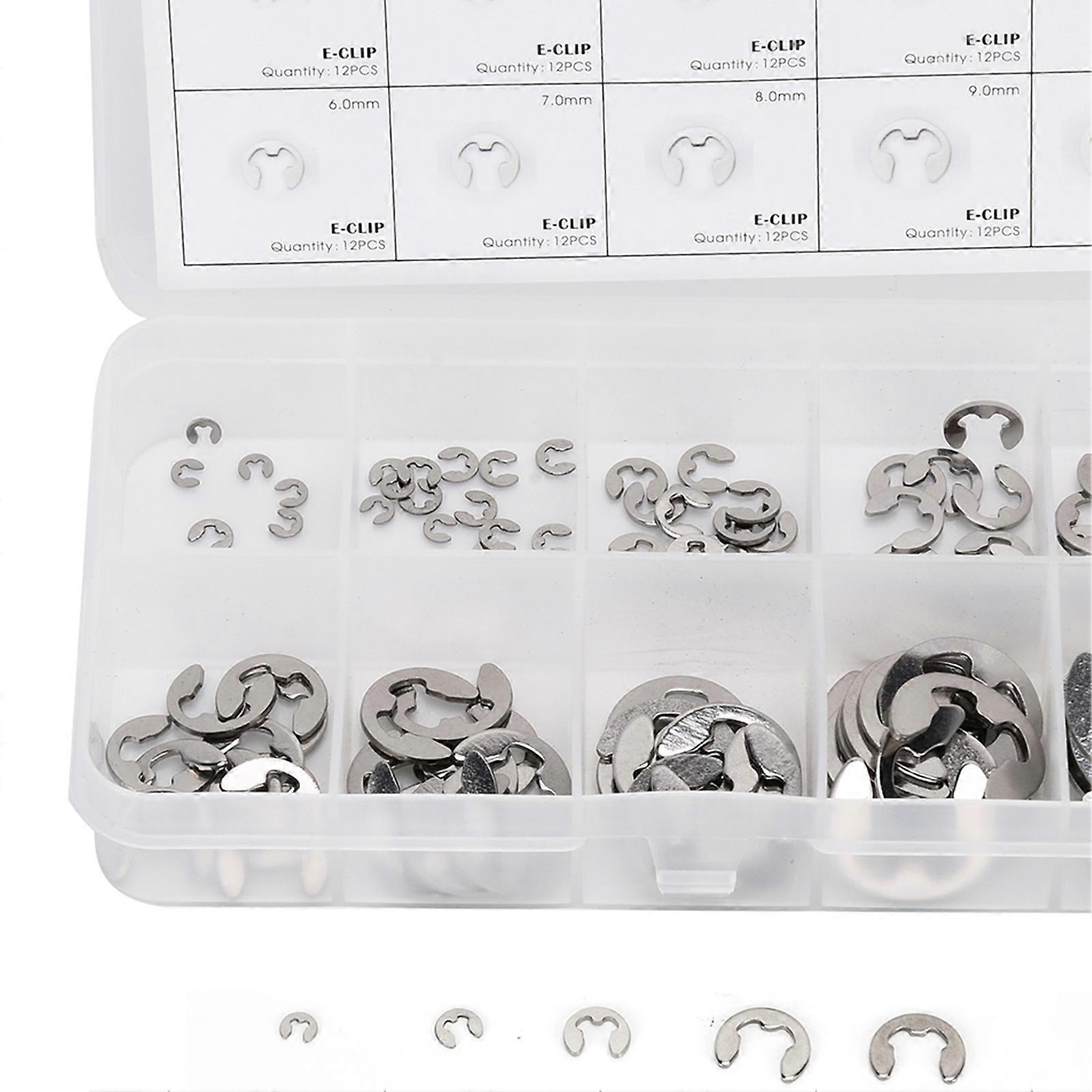 Assortment of 120 stainless steel clip washers, external retaining rings, circlips, 1.5 to 10 mm