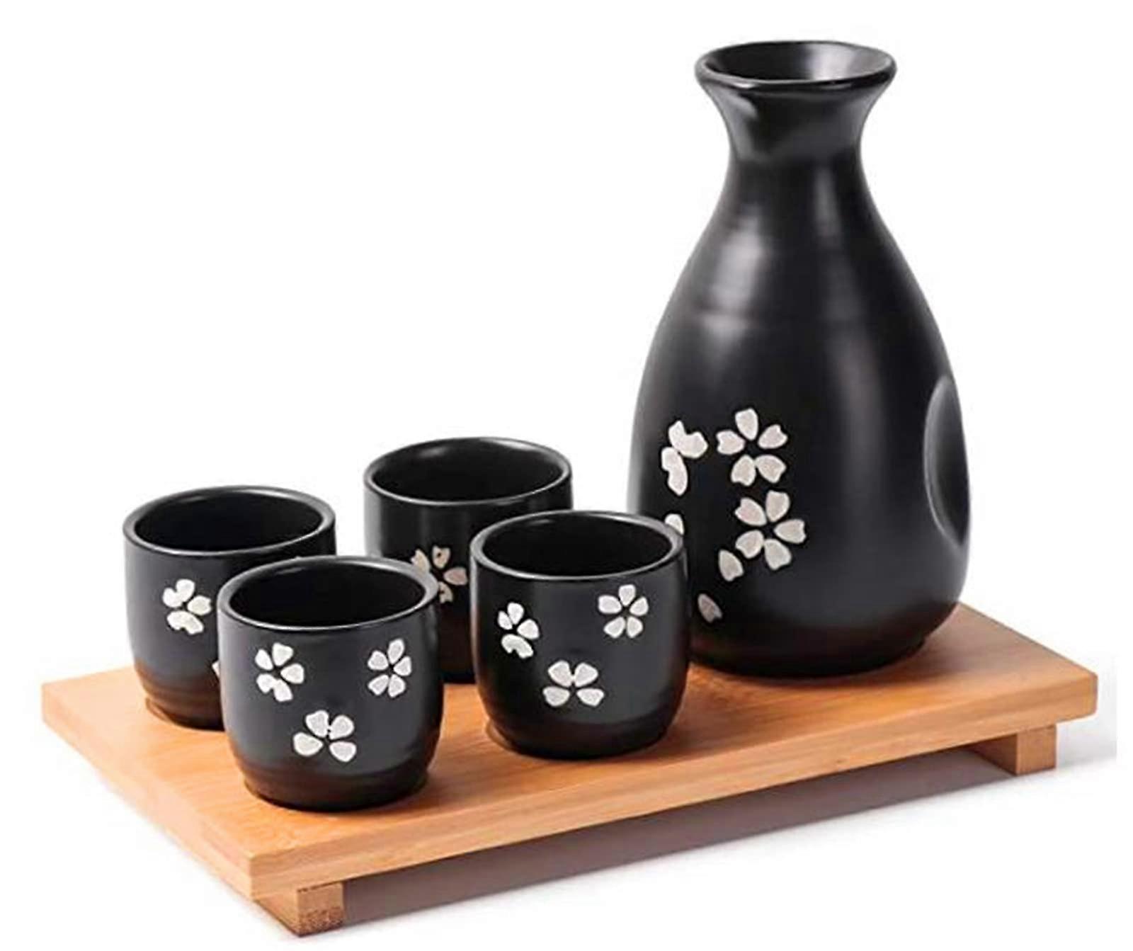 Traditional Cherry Blossom Black Sake Set for Serving and Drinking